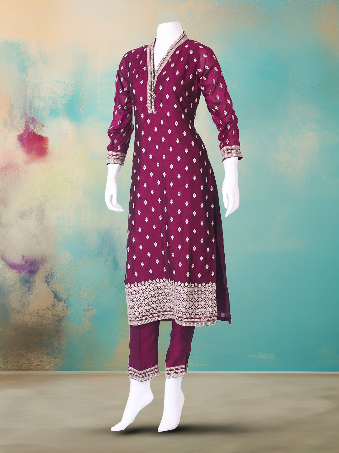 Embroidered Art Silk Kurta With Pant &amp; Dupatta