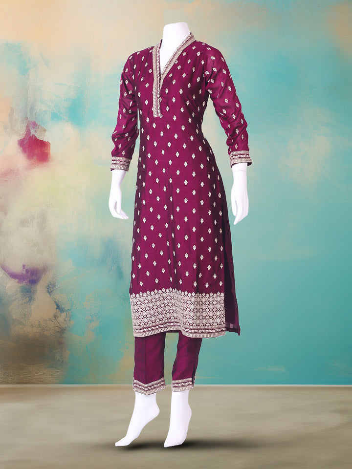Embroidered Art Silk Kurta With Pant &amp; Dupatta