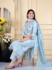 Neck Embroidered Cotton Blend Kurta With Pants & Dupatta