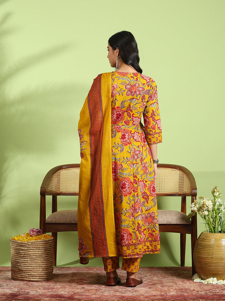 Printed Cotton Kurta With Pant &amp; Dupatta