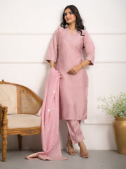 Neck Embroidered Chanderi Kurta With Pants & Dupatta