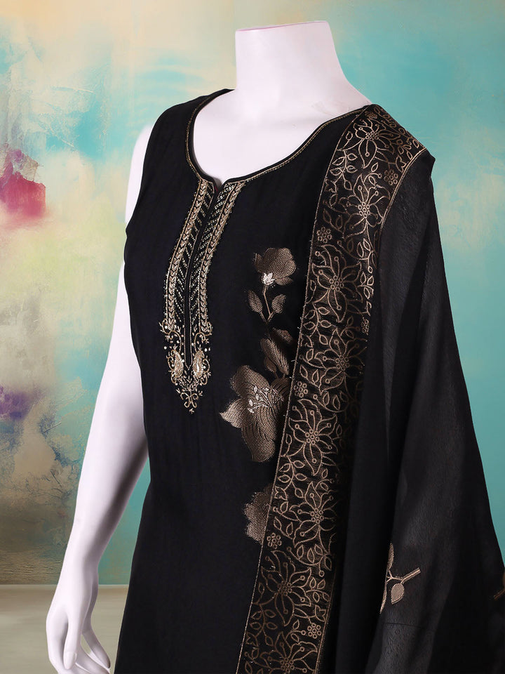 Embroidered Art Silk Suit With Pant &amp; Dupatta