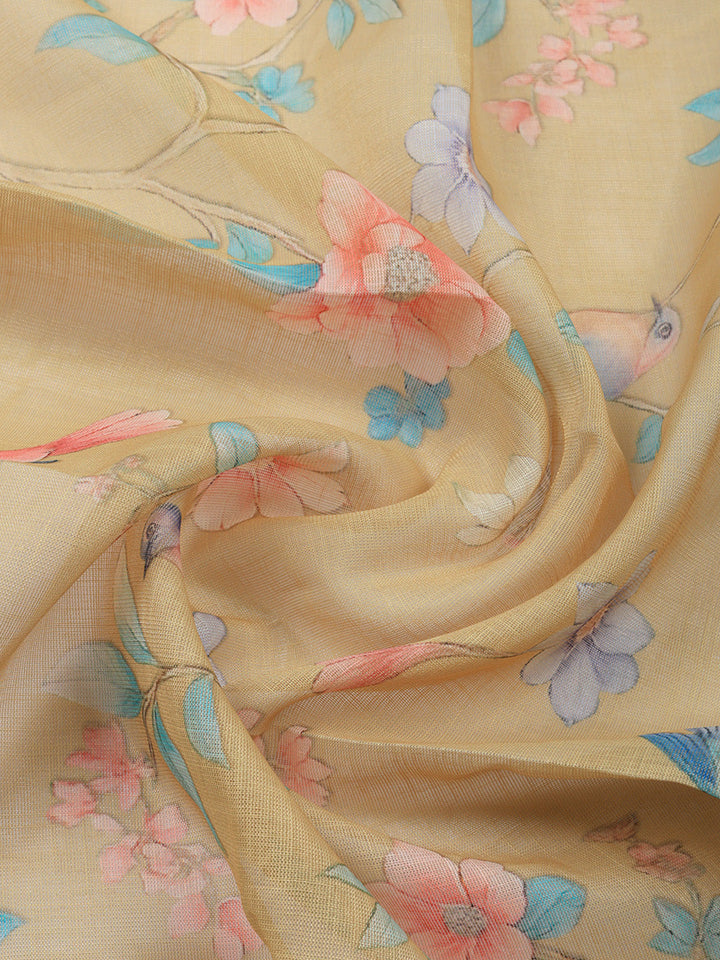 Printed Linen Blend Unstitched Suit With Pant &amp; Dupatta