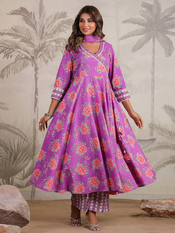 Floral Printed Cotton Blend Kurta With Pants & Dupatta