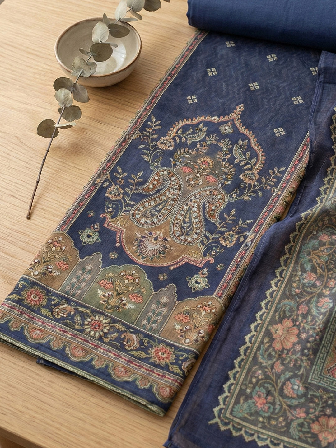 Embroidered Chanderi Unstitched Suit With Pant &amp; Dupatta