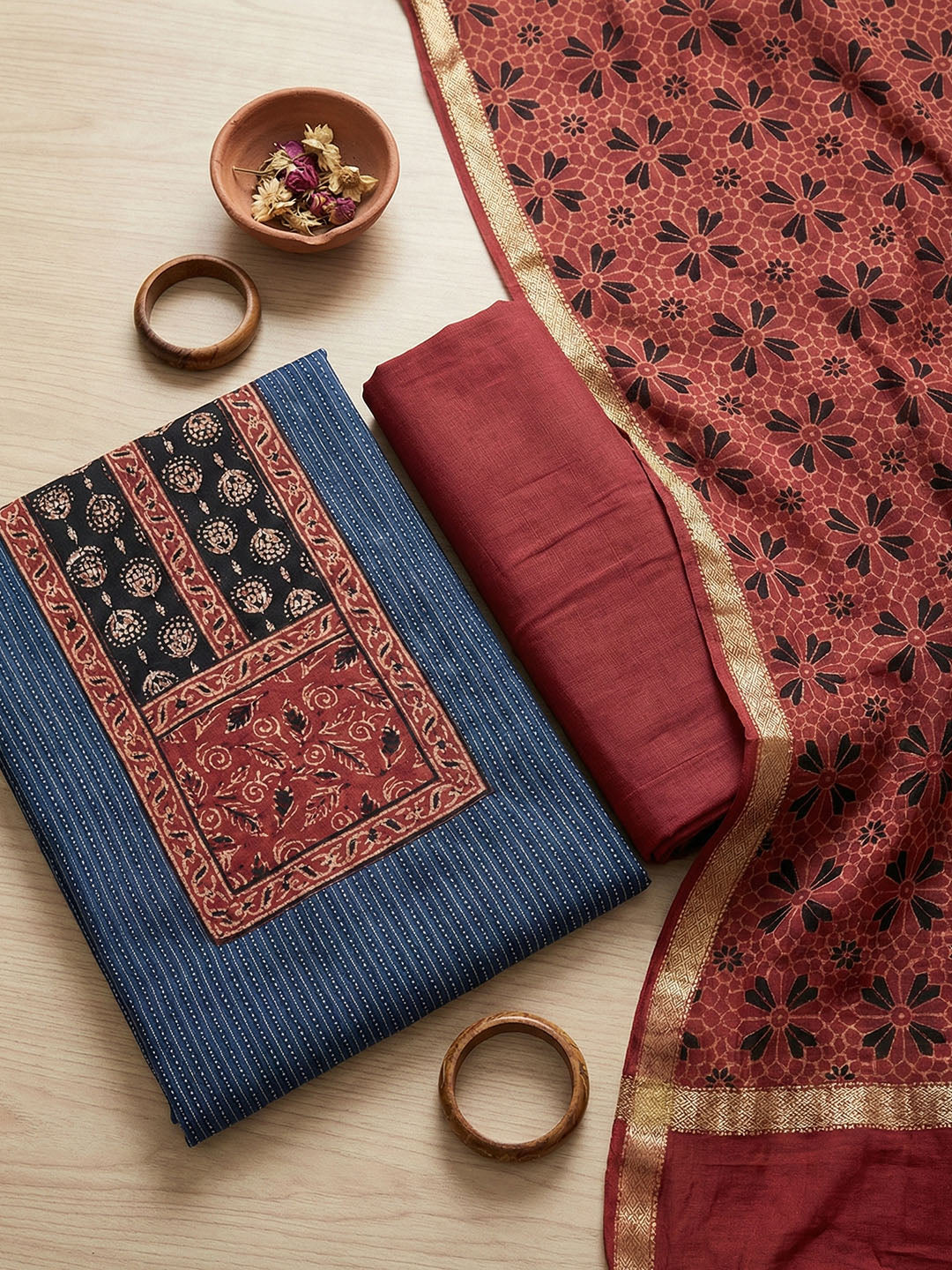 Embroidered Cotton Blend Unstitched Suit With Pant &amp; Dupatta