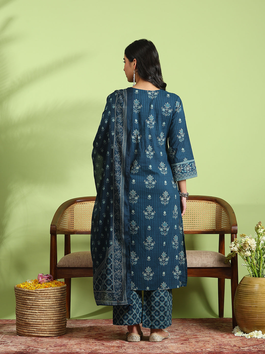 Blue Cotton Blend Printed A Line Suit Set