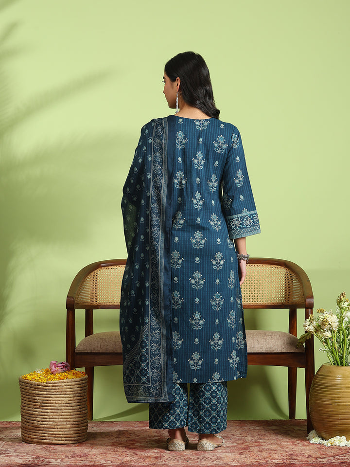 Blue Cotton Blend Printed A Line Suit Set