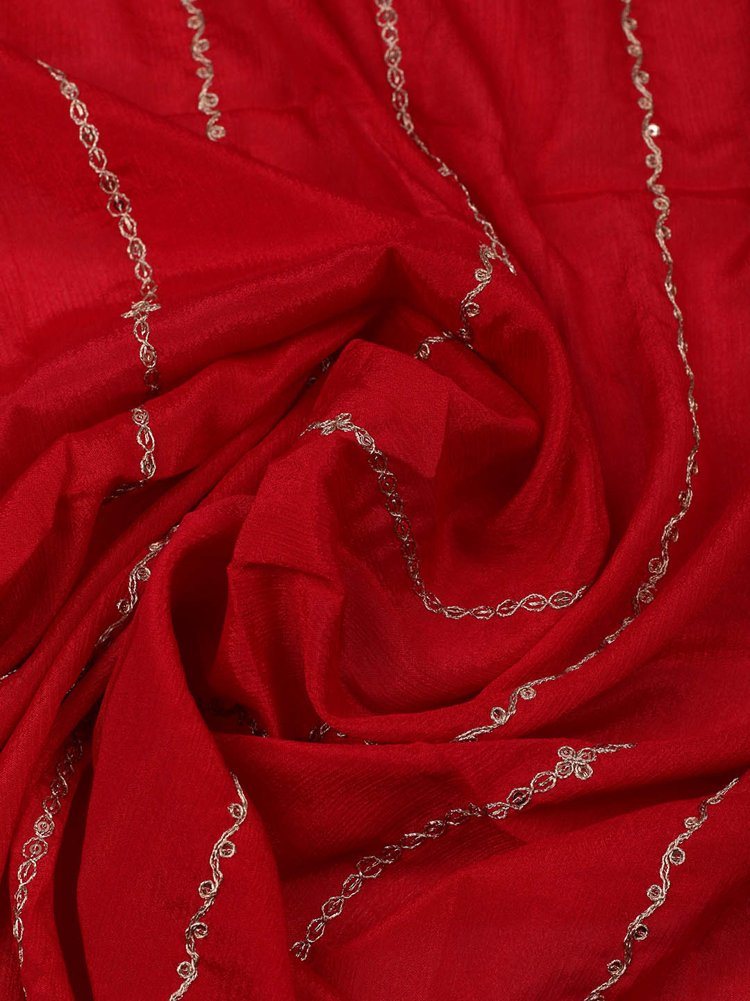 Embroidered Chinon Red Unstitched Suit With Pant &amp; Dupatta