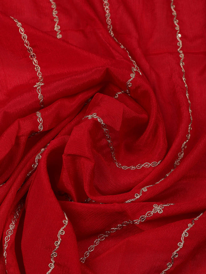 Embroidered Chinon Red Unstitched Suit With Pant &amp; Dupatta