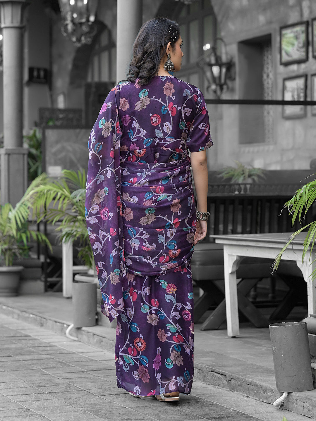 Printed Georgette Readymade Saree With Stitched Blouse