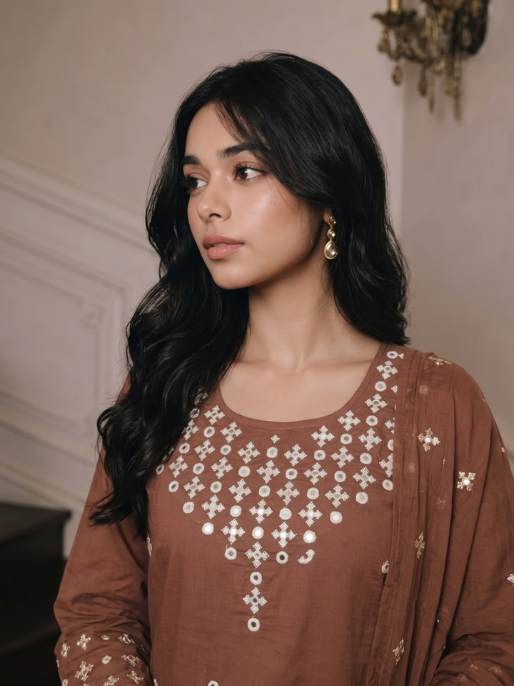 Brown Printed Cotton Blend Kurta With Pant &amp; Dupatta