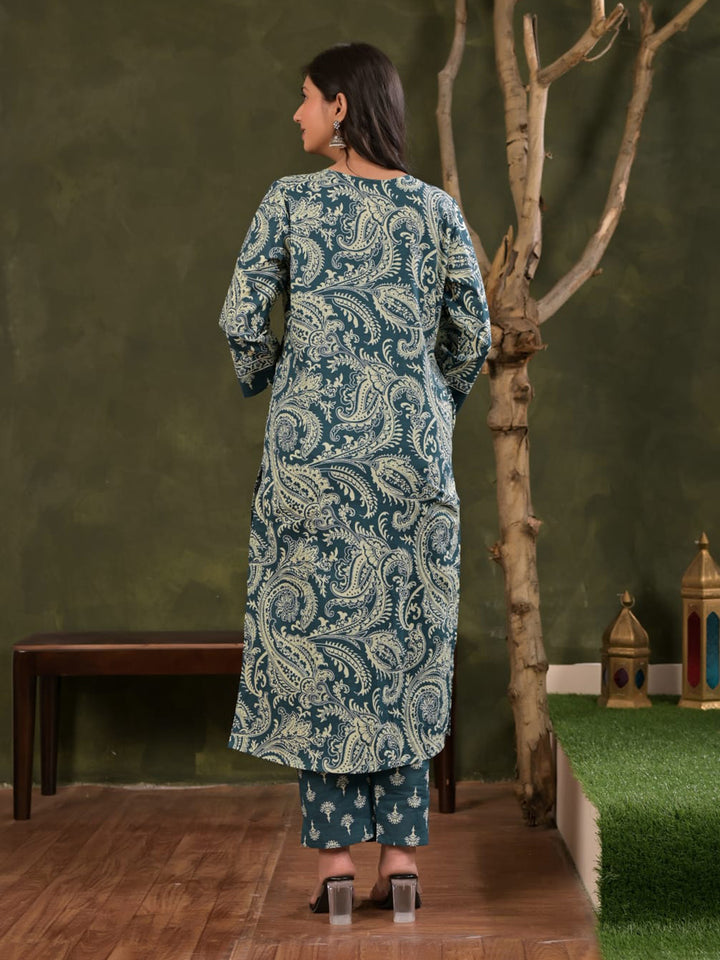 Blue Embroidered Cotton Blend Straight Suit Set With Dupatta