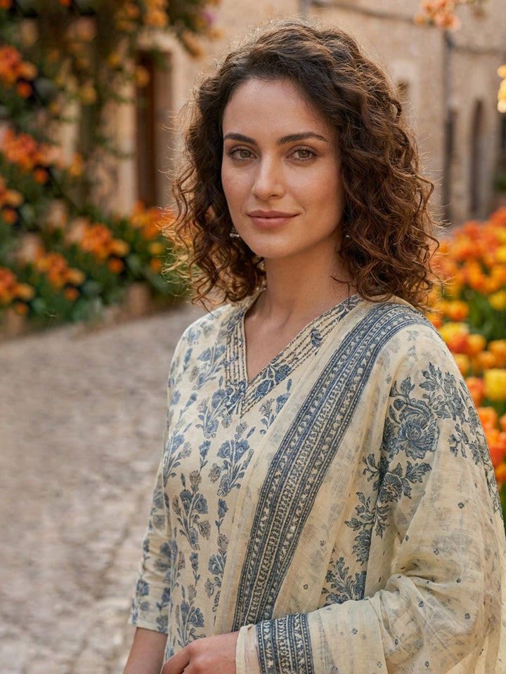 Printed Cotton Blend Suit With Pant &amp; Dupatta