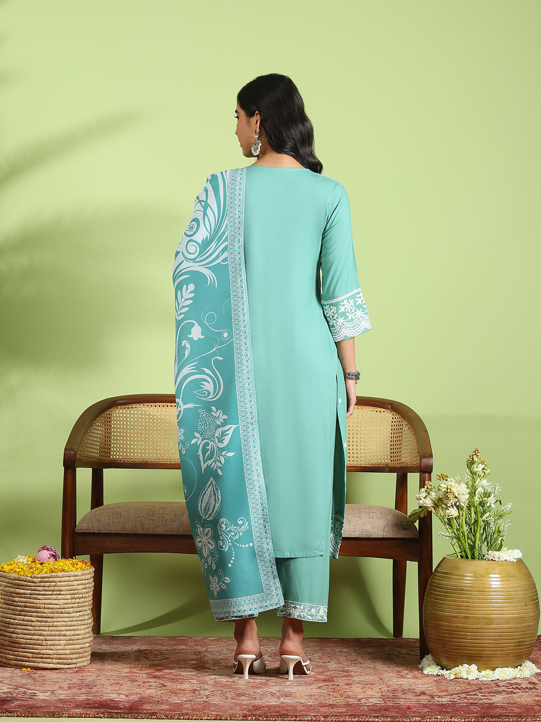 Embroidered Cotton Kurta With Pant &amp; Dupatta