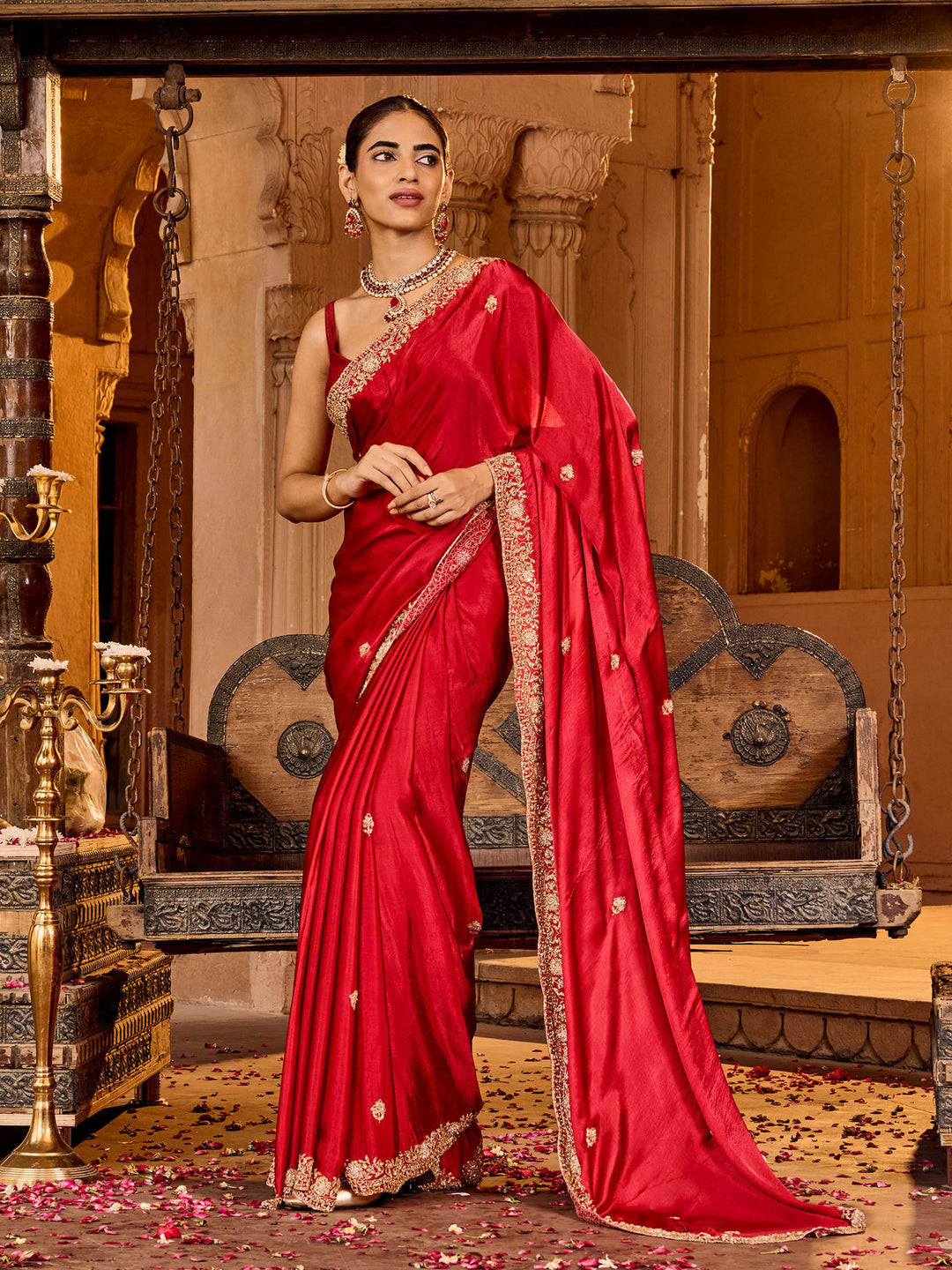 Hot Pink Chinon Embroidered Saree