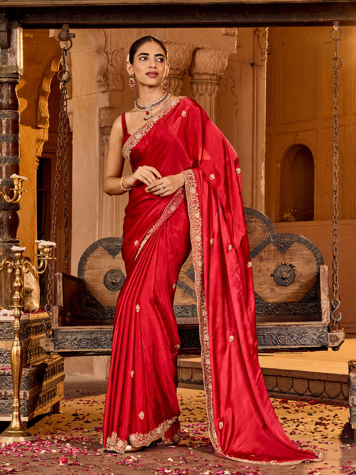 Hot Pink Chinon Embroidered Saree