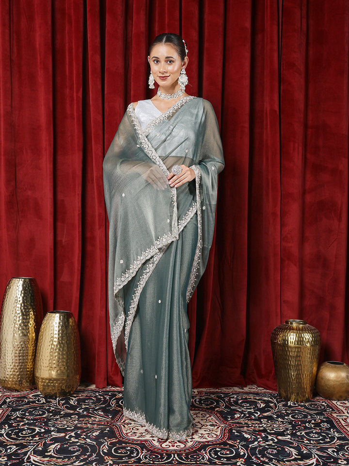 Sequin &amp; Pearl Embroidered Tissue Saree