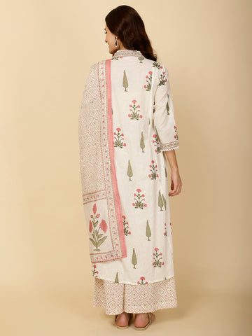 Block Printed Cotton Kurta With Palazzo & Dupatta