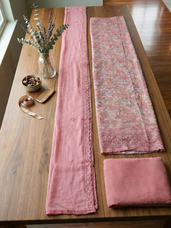 Embroidered, Chanderi Unstitched Suit With Pant &amp; Dupatta