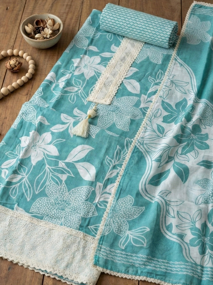 Printed Cotton Blend Unstitched Suit With Pant &amp; Dupatta