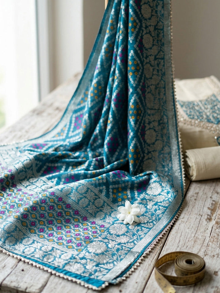 Embroidered Chanderi Unstitched Suit With Pant &amp; Dupatta