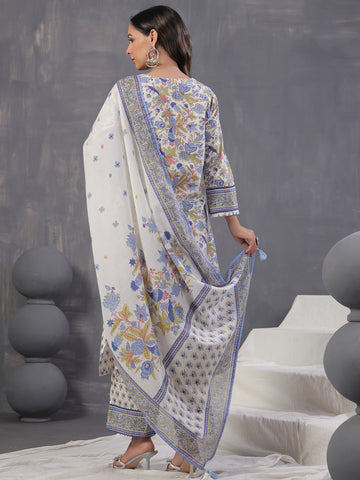 Floral Print Cotton Kurta With Pants & Dupatta