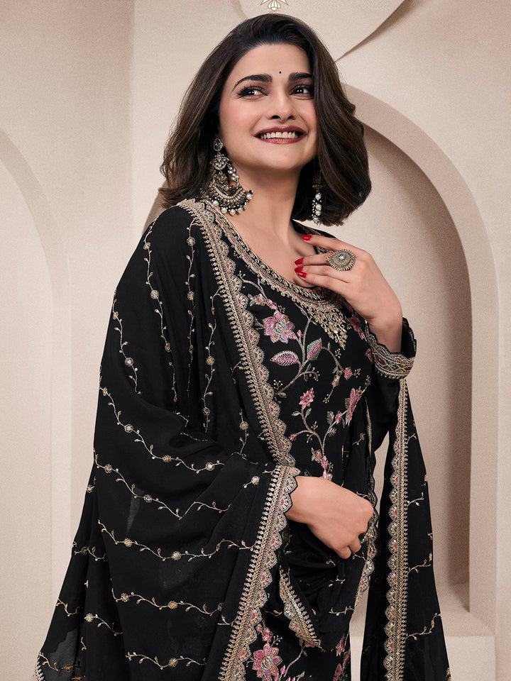 Embroidered Chinon Unstitched Suit With Pant &amp; Dupatta