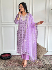 Neck Embroidery Cotton Blend Kurta With Pants & Dupatta