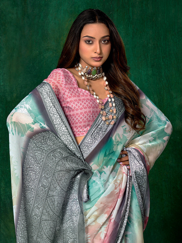 Ombre Floral Printed Georgette Saree