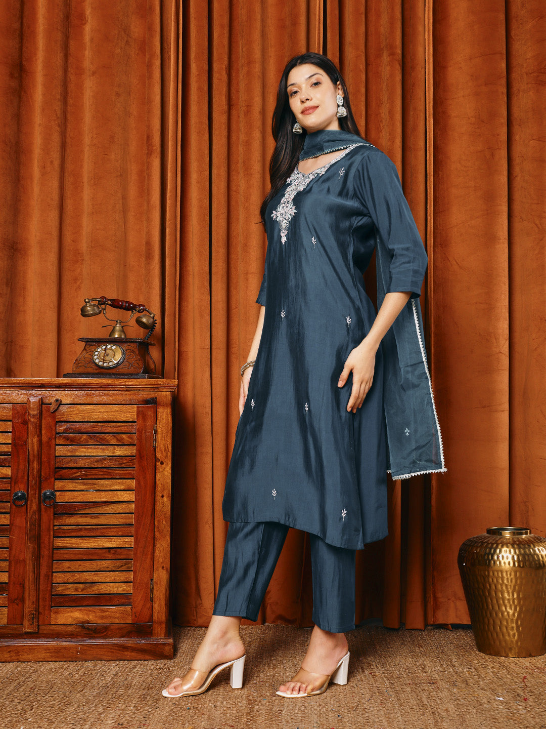 Embroidered Cotton Blend Kurta With Pants &amp; Dupatta