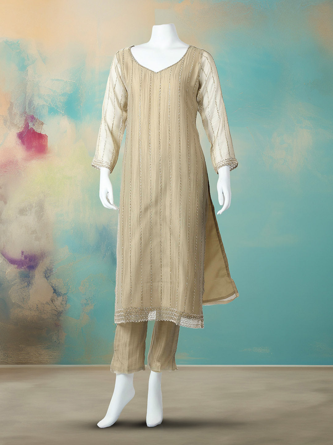 CutDana Embroidered Tissue Stitched Kurta With Pant &amp; Dupatta