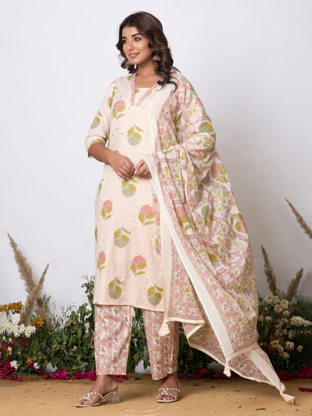 Printed Cotton Blend Kurta With Pants & Dupatta