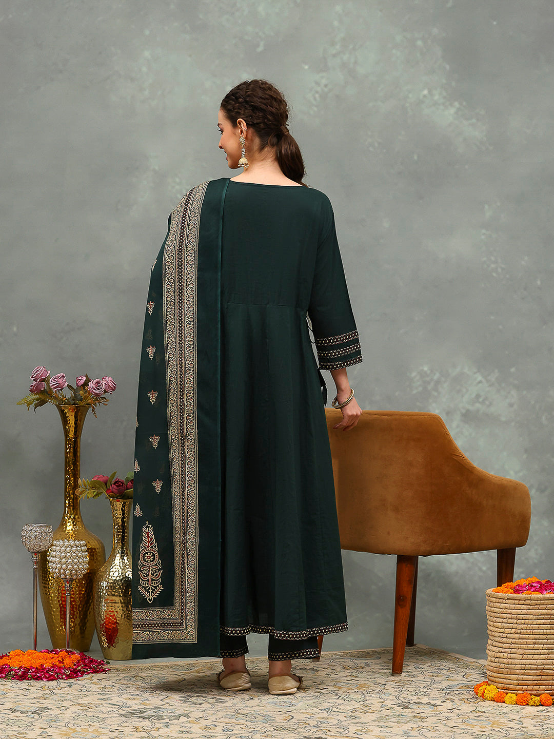 Embroidered Cotton Kurta With Pants &amp; Dupatta