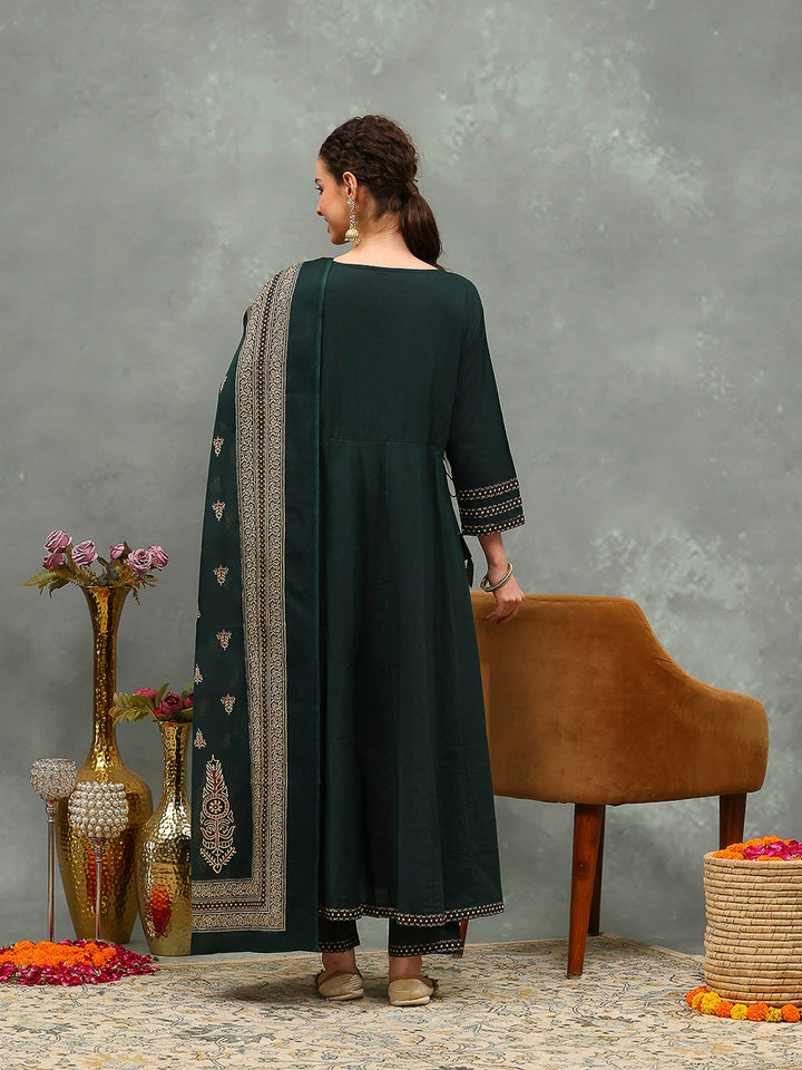 Embroidered Cotton Kurta With Pants &amp; Dupatta