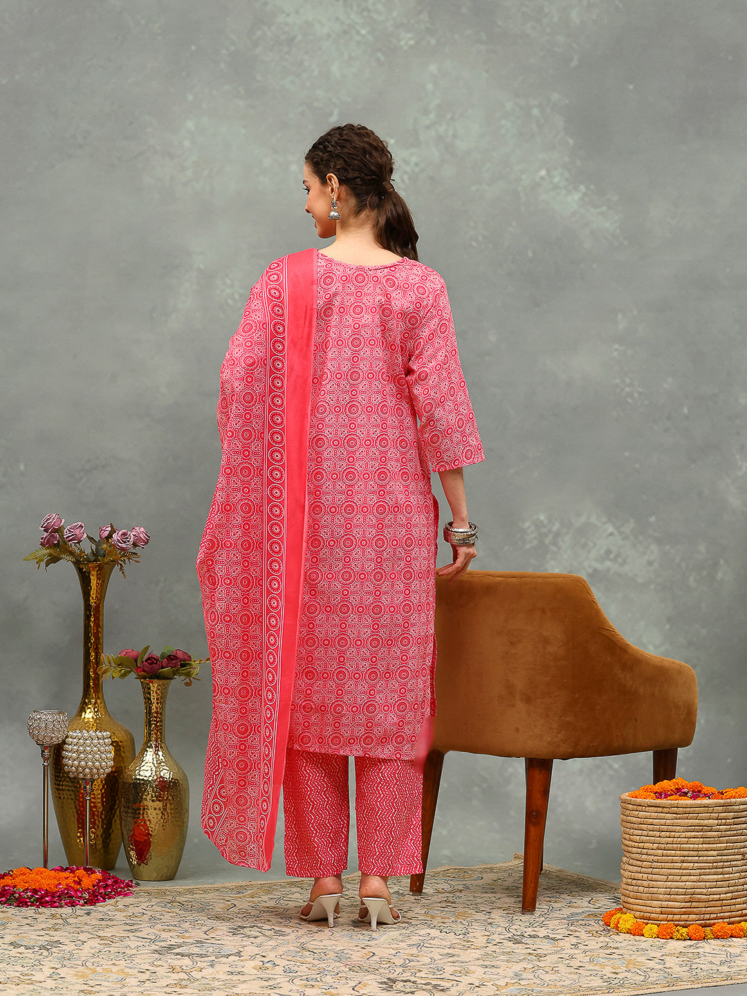 Floral Printed Cotton Kurta With Pants & Dupatta