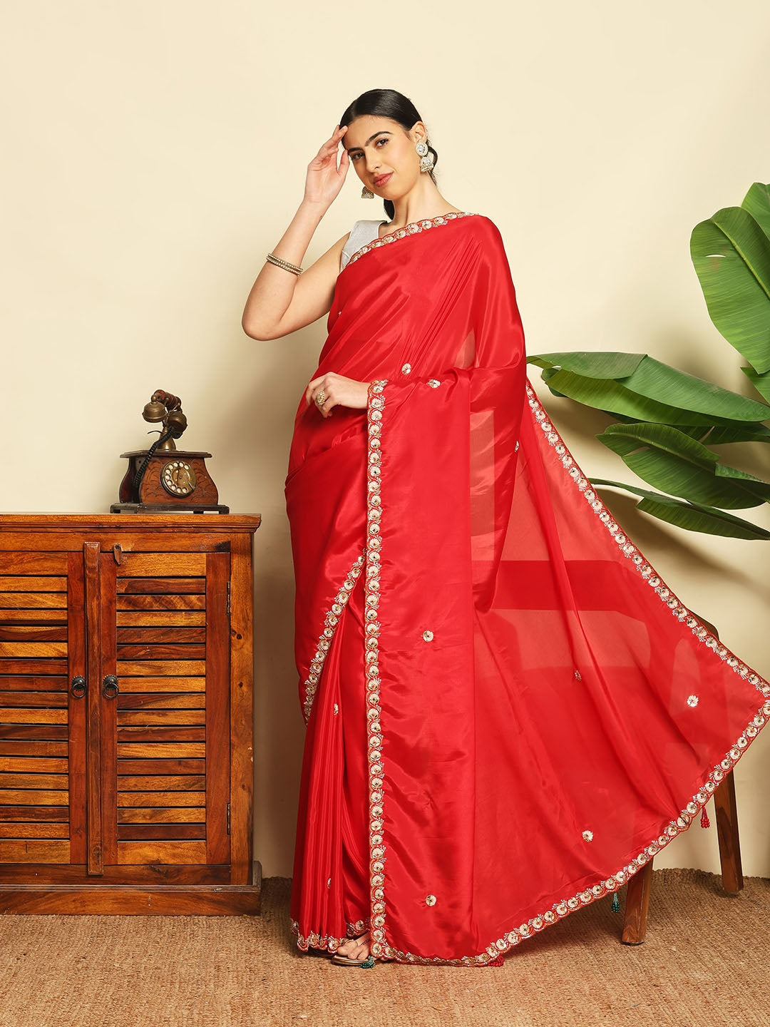Sequin &amp; Cut Work Embroidered Crepe Saree