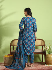 Printed Cotton Kurta With Pant & Dupatta