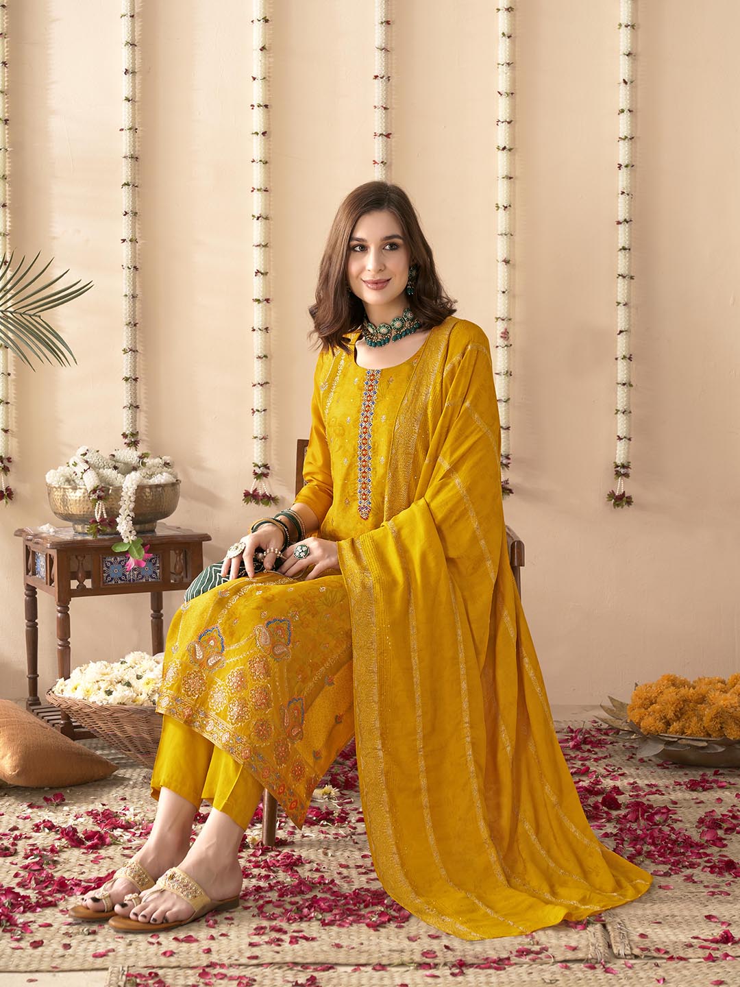 Embroidered Silk Kurta With Pant &amp; Dupatta