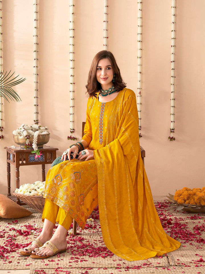 Embroidered Silk Kurta With Pant &amp; Dupatta