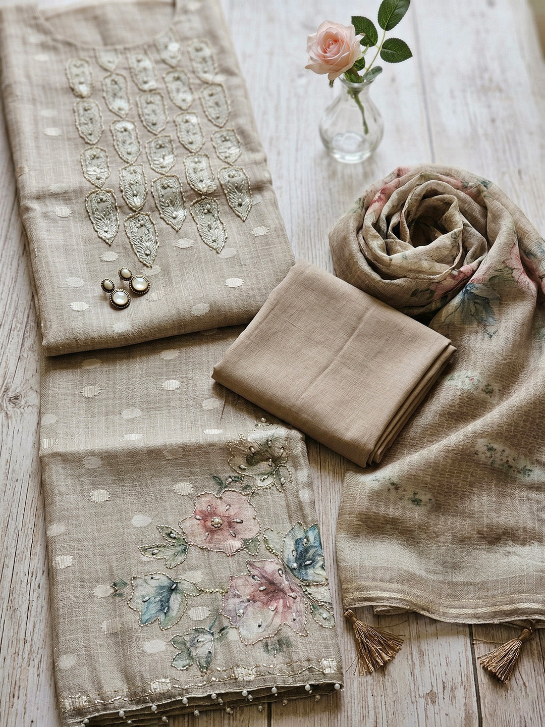 Embroidered Cotton Blend Unstitched Suit With Pant &amp; Dupatta