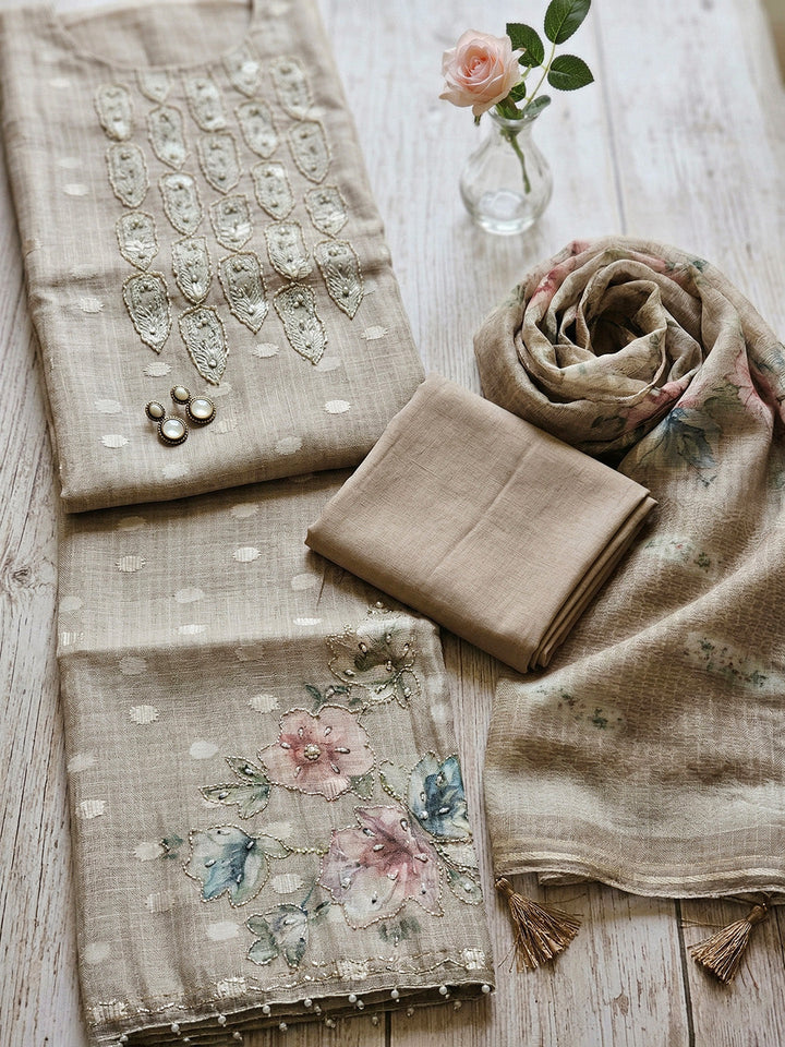 Embroidered Cotton Blend Unstitched Suit With Pant &amp; Dupatta