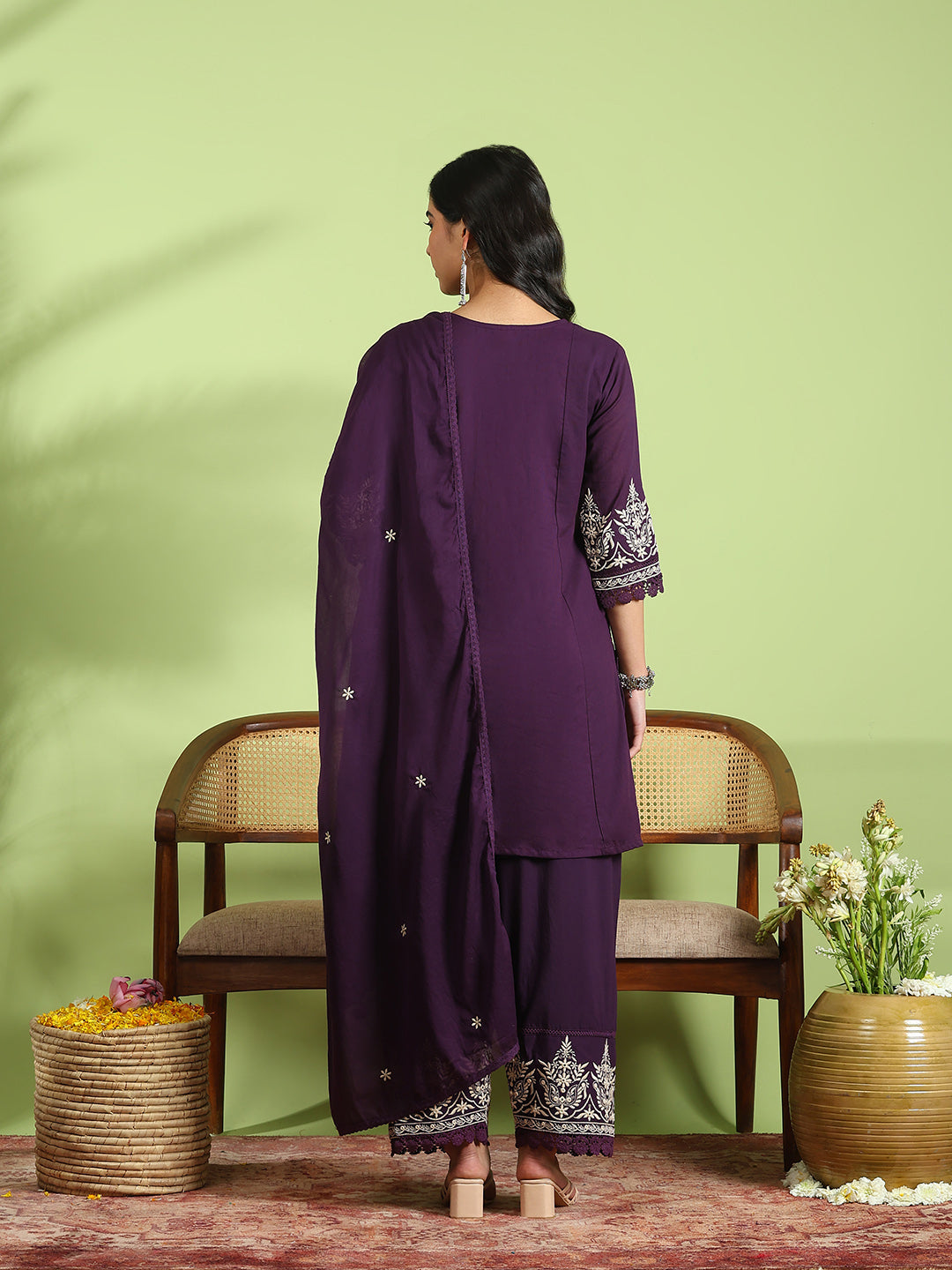 Embroidered Cotton Kurta With Pant &amp; Dupatta