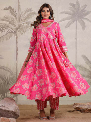 Floral Printed Cotton Blend Kurta With Pants & Dupatta