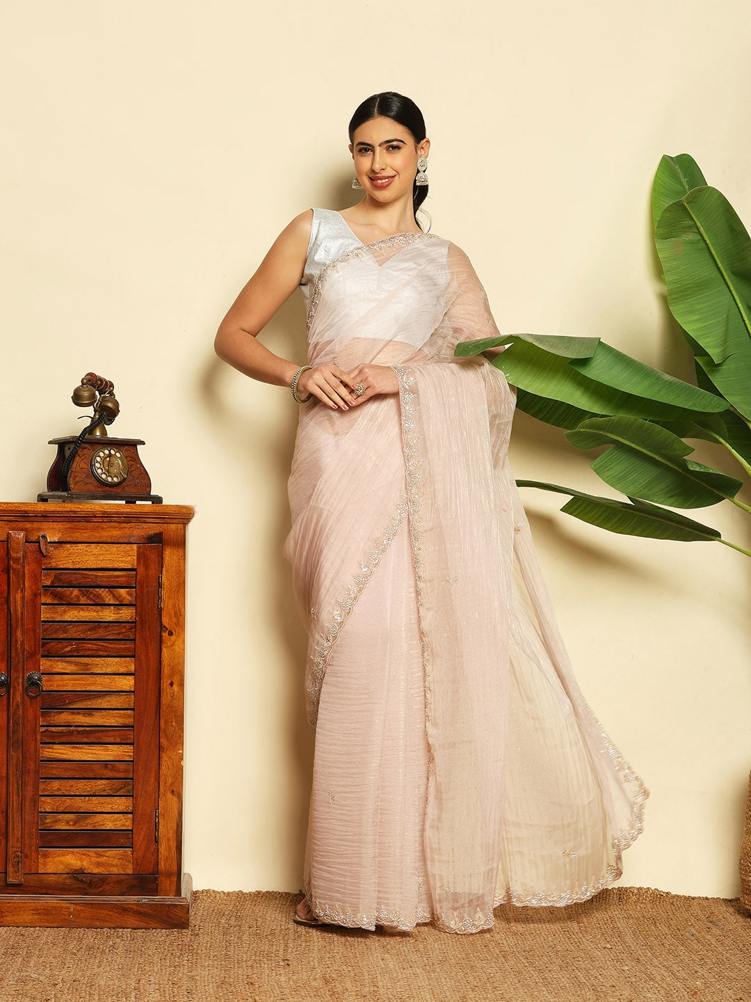 Stone &amp; Sequin Embellished Tissue Saree