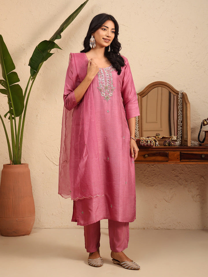Embroidered Cotton Kurta With Pant &amp; Dupatta