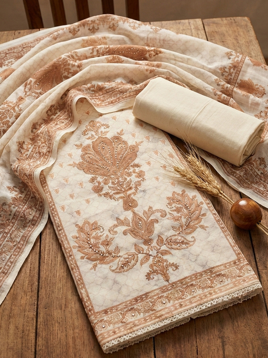 Printed Cotton Blend Unstitched Suit With Pant &amp; Dupatta