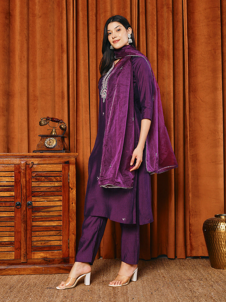 Resham Work Cotton Blend Kurta With Pants &amp; Dupatta