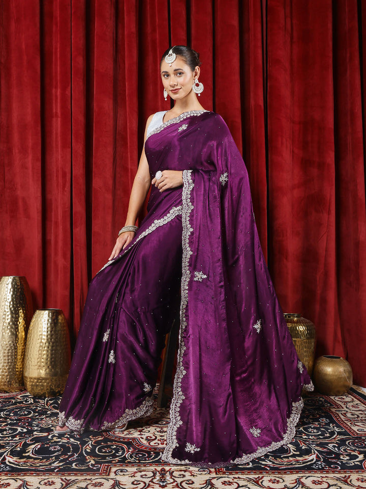 Stone &amp; Sequn Embroidered Chinon Saree