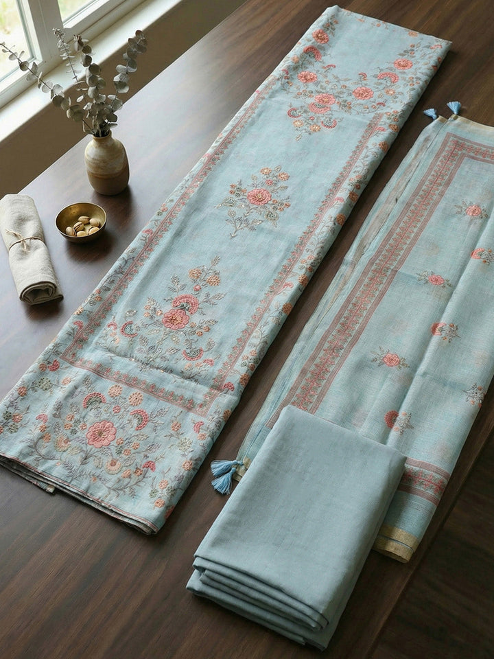 Printed Linen Blend Unstitched Suit With Pant &amp; Dupatta